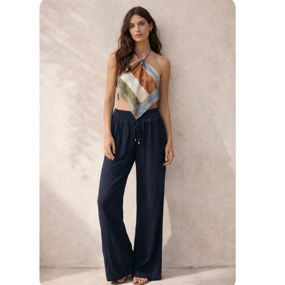 Navy Linen Blend Pull-On Resort Lounge Pants | Vacation Ready | L - Picture 2 of 10